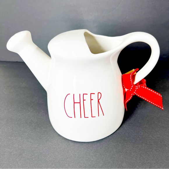 NWT RAE DUNN Magenta CHEER Watering can pitcher NWT New gift tag ribbon Holiday - Picture 1 of 8